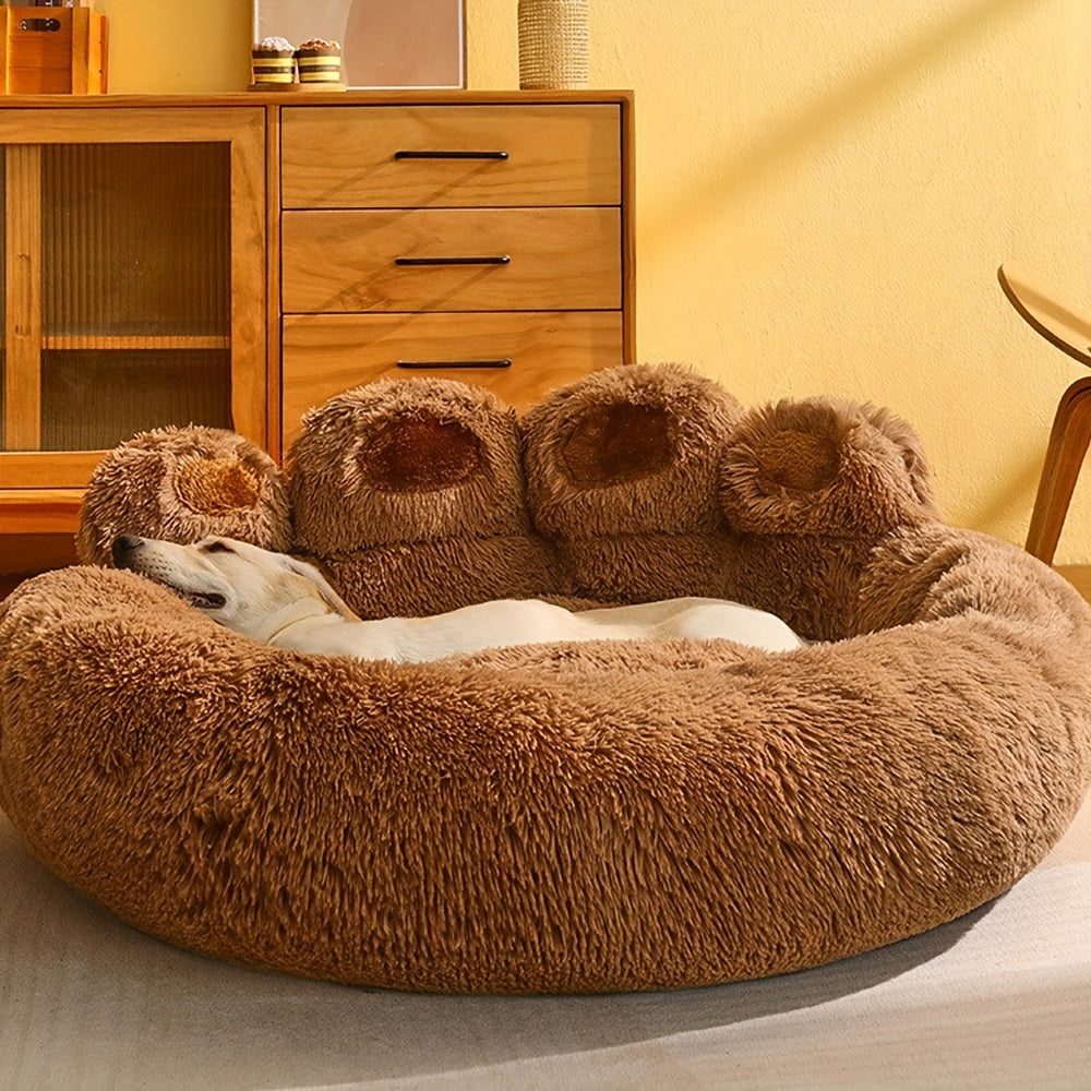 Cozy Paw-Shaped Pet Bed – Plush Faux Fur, Calming Donut Design, Machine Washable – Ideal for Dogs & Cats
