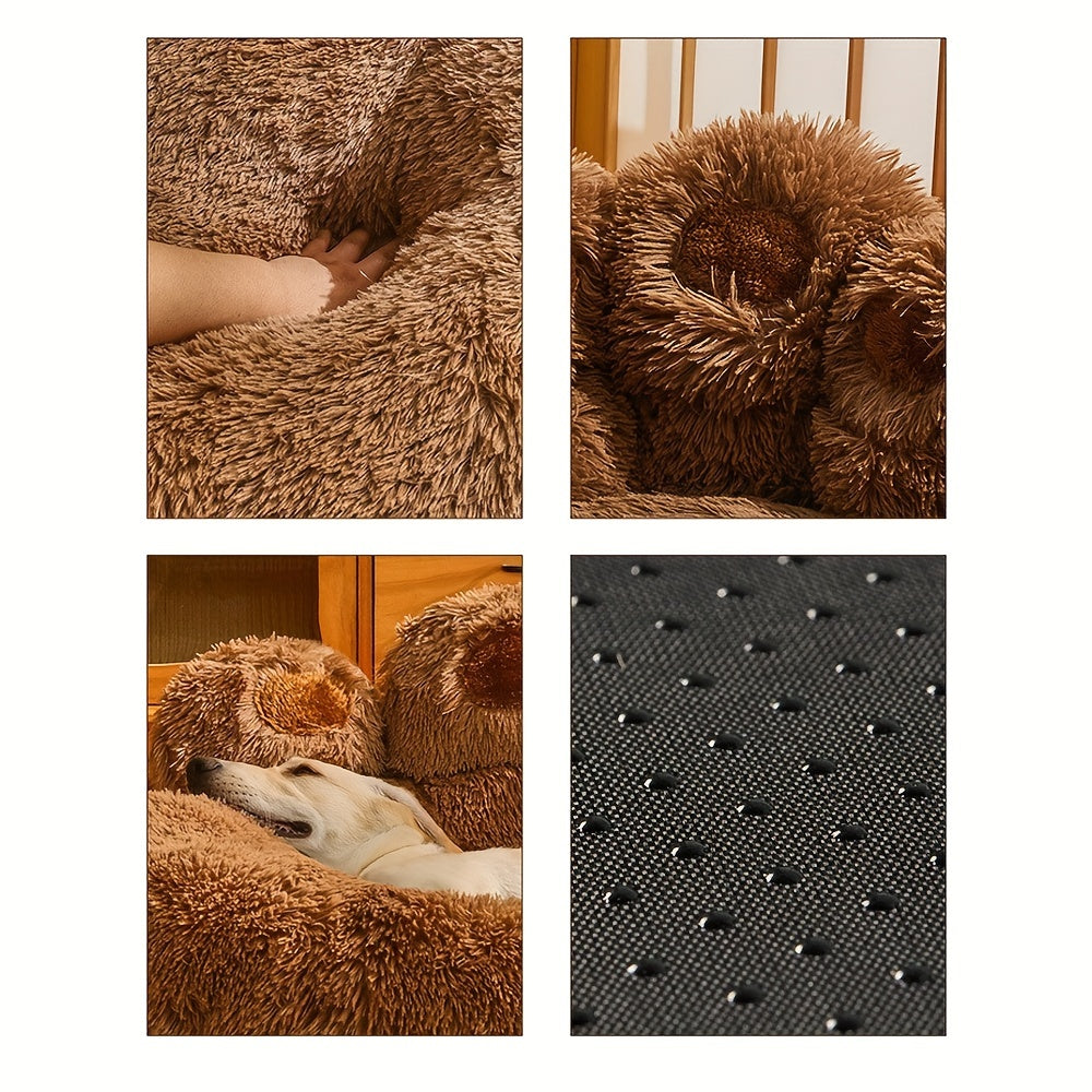 Cozy Paw-Shaped Pet Bed – Plush Faux Fur, Calming Donut Design, Machine Washable – Ideal for Dogs & Cats