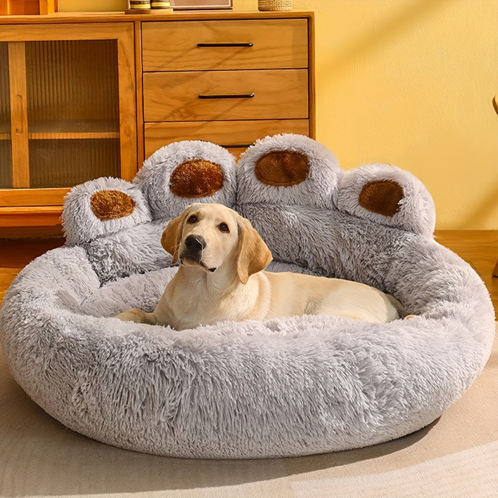 Cozy Paw-Shaped Pet Bed – Plush Faux Fur, Calming Donut Design, Machine Washable – Ideal for Dogs & Cats