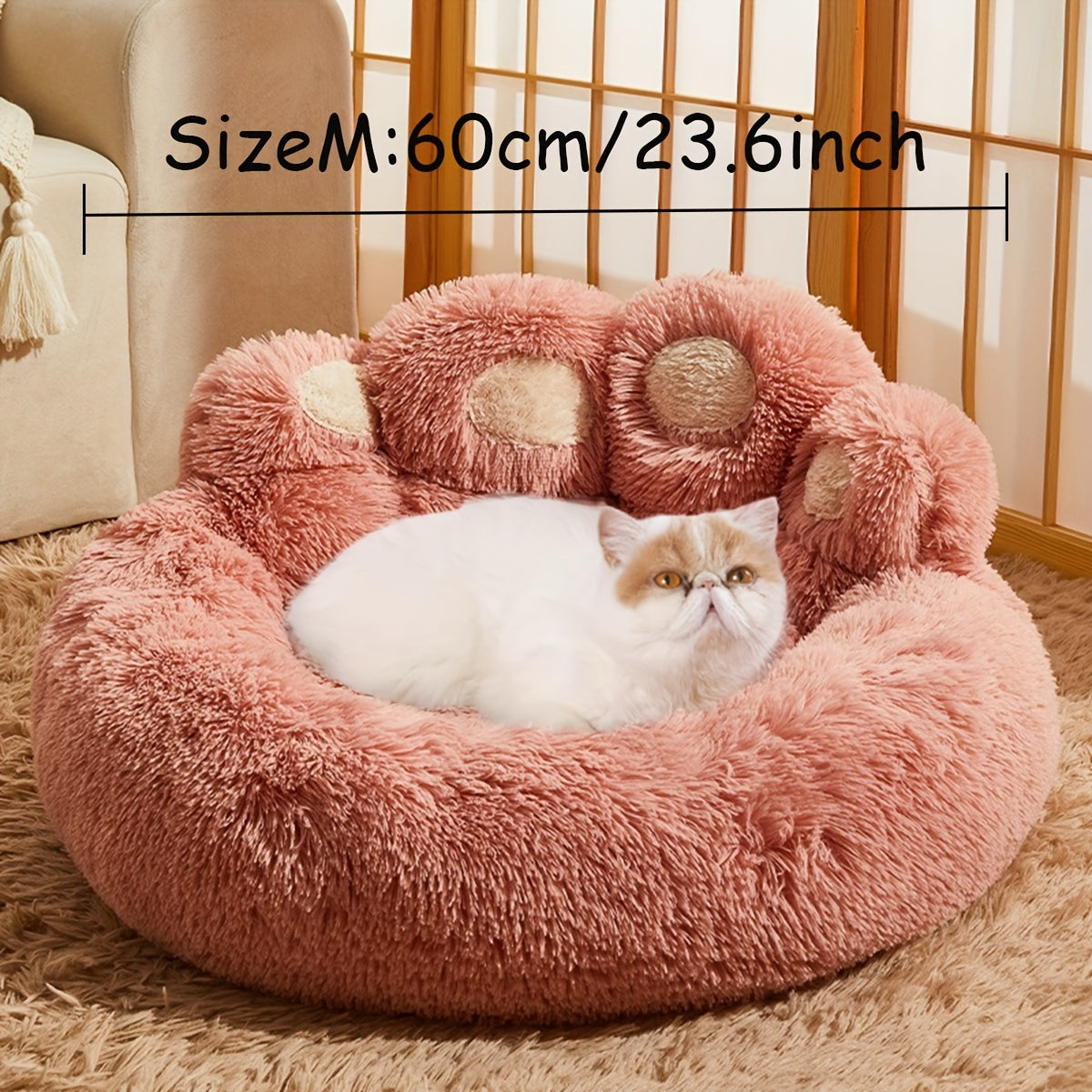 Cozy Paw-Shaped Pet Bed – Plush Faux Fur, Calming Donut Design, Machine Washable – Ideal for Dogs & Cats